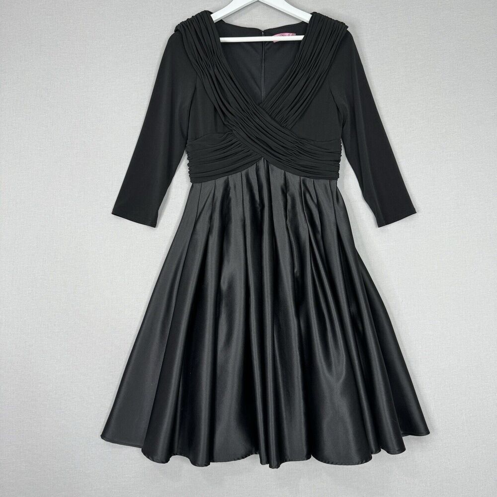 Eliza J Womens Dress 12 Black Pleated Fit & Flare Satin Midi Pinup Retro Formal